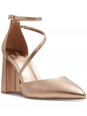 NIB ALDO Metallic Gold Pointed Toe Ankle Strap Block Heels Size 7